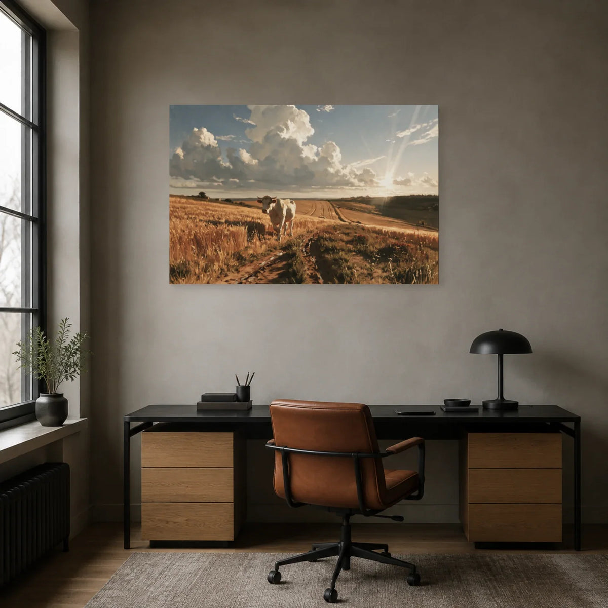 Tableau Vache Charolaise dans les Champs présenté dans un bureau - Art Virtuoso