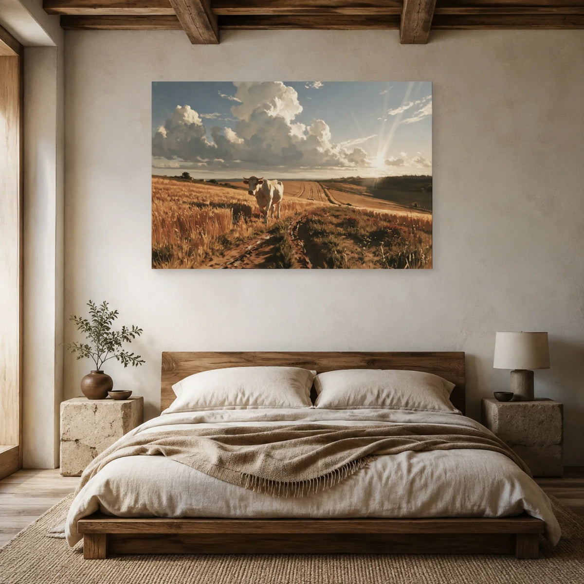 Tableau Vache Charolaise dans les Champs présenté dans une chambre - Art Virtuoso
