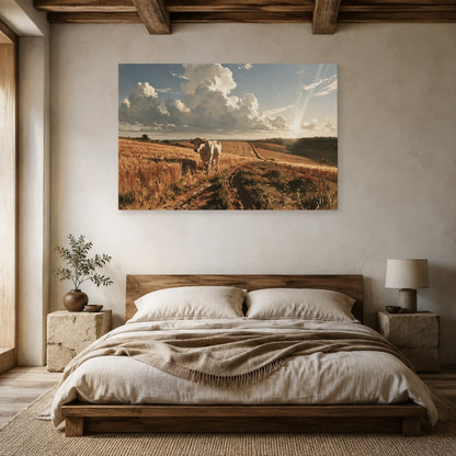 Tableau Vache Charolaise dans les Champs présenté dans une chambre - Art Virtuoso