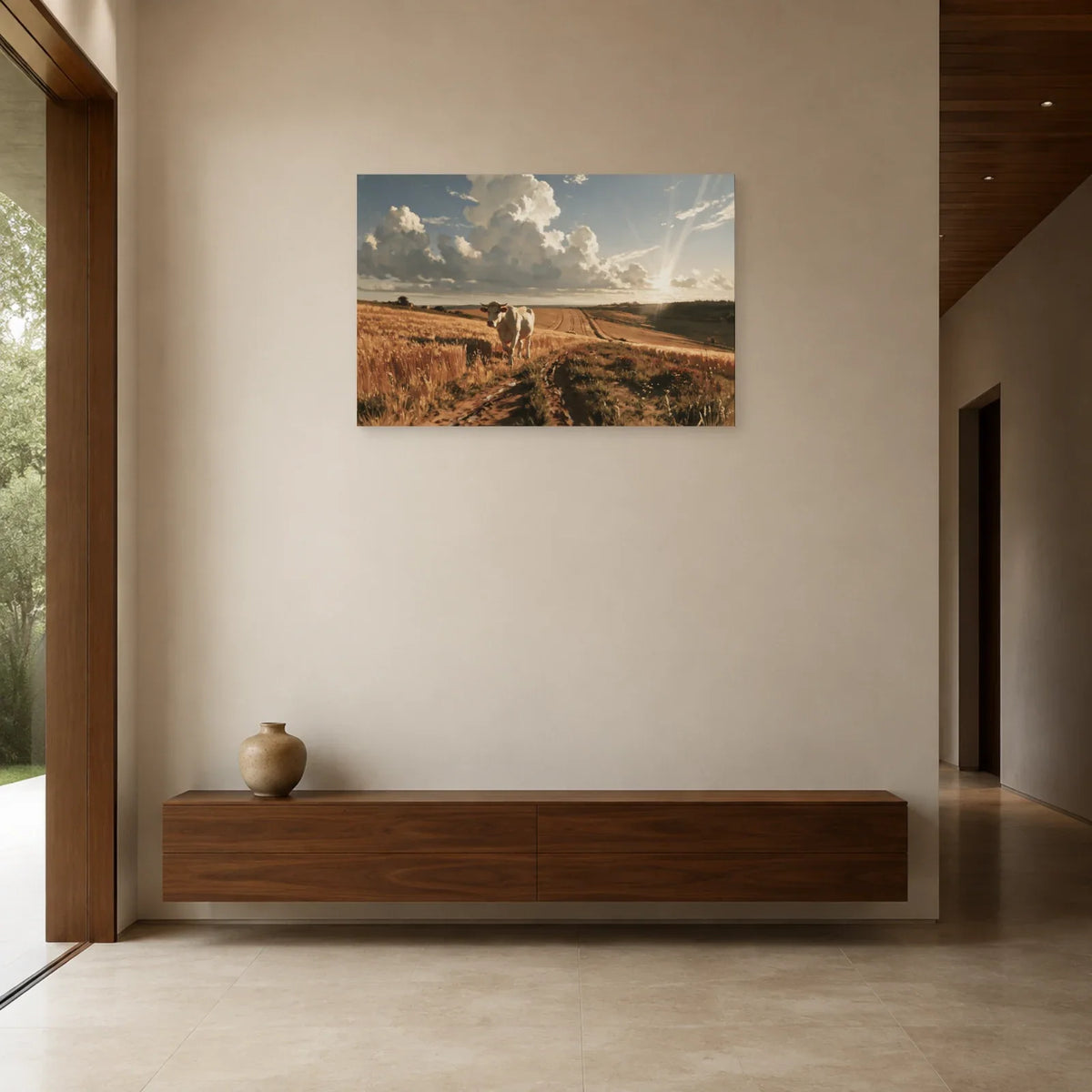 Tableau Vache Charolaise dans les Champs présenté dans une entrée - Art Virtuoso