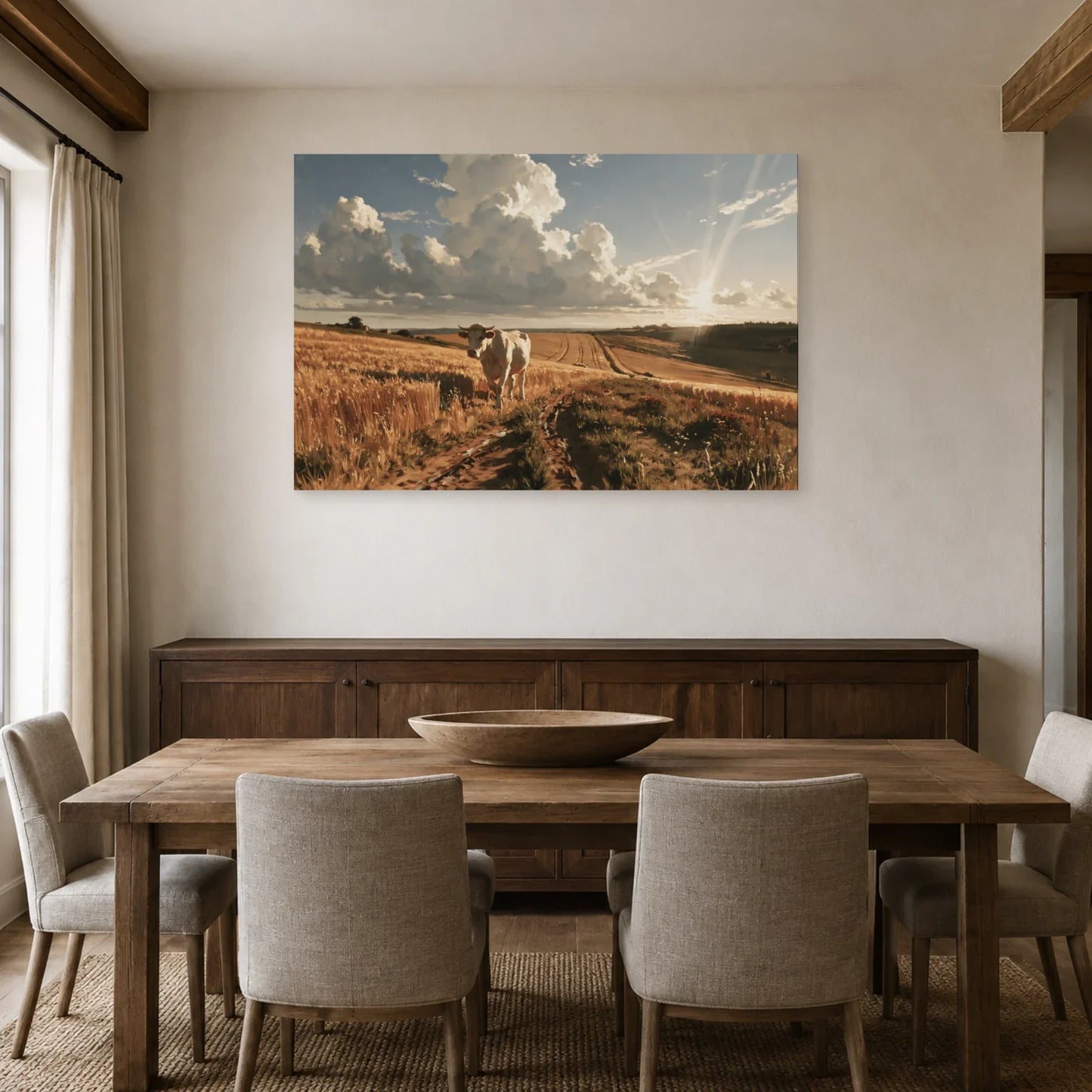 Tableau Vache Charolaise dans les Champs présenté dans une salle à manger - Art Virtuoso