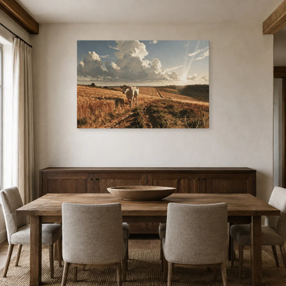 Tableau Vache Charolaise dans les Champs présenté dans une salle à manger - Art Virtuoso