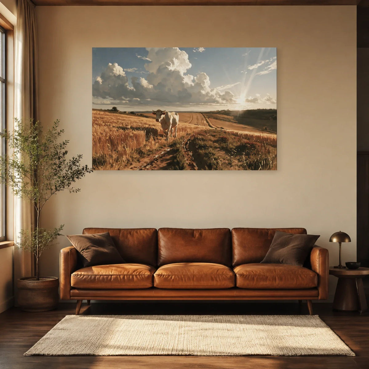 Tableau Vache Charolaise dans les Champs présenté dans un salon - Art Virtuoso