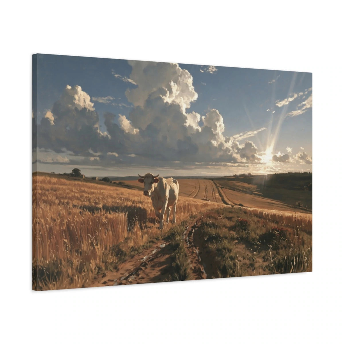 Tableau Vache Charolaise dans les Champs, vue latérale de la toile avec bords imprimés - Art Virtuoso