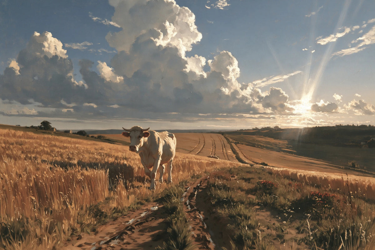 Tableau Vache Charolaise dans les Champs, Charolaise blanche monumentale au milieu de champs dores, format XL - Art Virtuoso