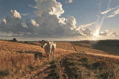 Tableau Vache Charolaise dans les Champs, Charolaise blanche monumentale au milieu de champs dores, format XL - Art Virtuoso