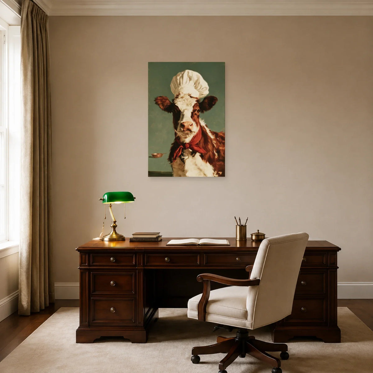 Tableau Vache Chef de Cuisine présenté dans un bureau - Art Virtuoso