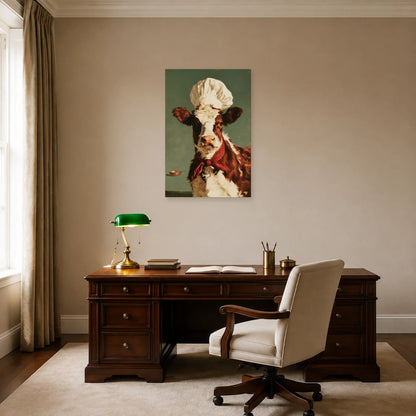 Tableau Vache Chef de Cuisine présenté dans un bureau - Art Virtuoso