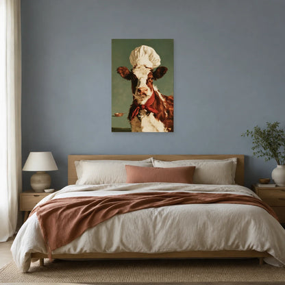 Tableau Vache Chef de Cuisine présenté dans une chambre - Art Virtuoso