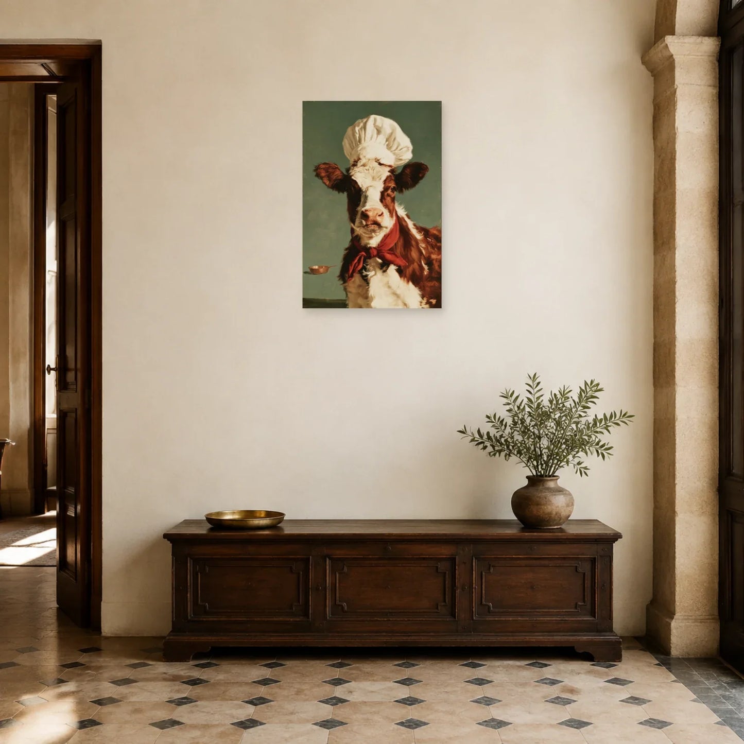 Tableau Vache Chef de Cuisine présenté dans une entrée - Art Virtuoso