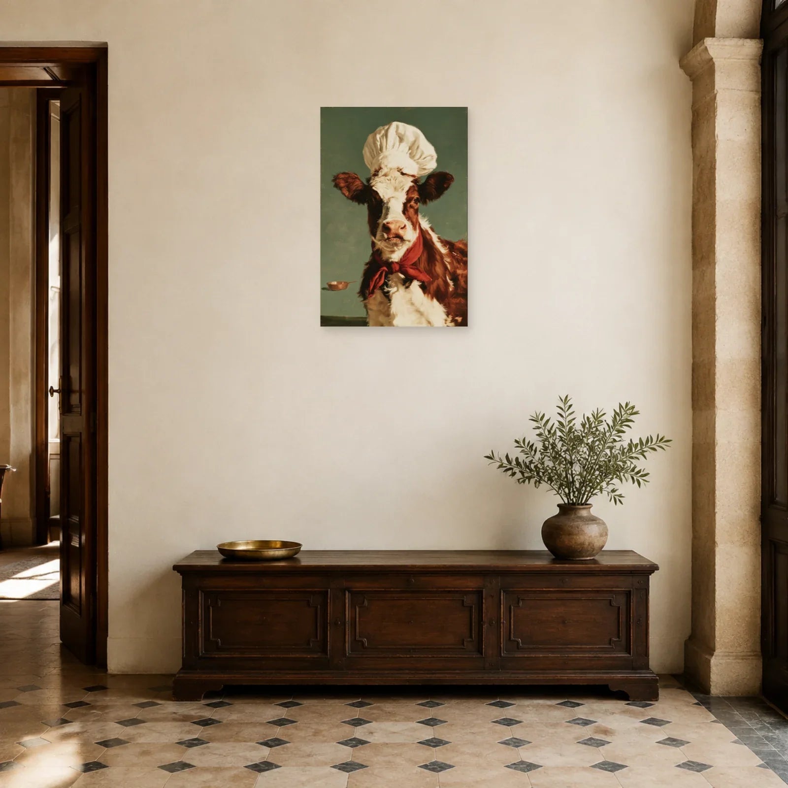 Tableau Vache Chef de Cuisine présenté dans une entrée - Art Virtuoso