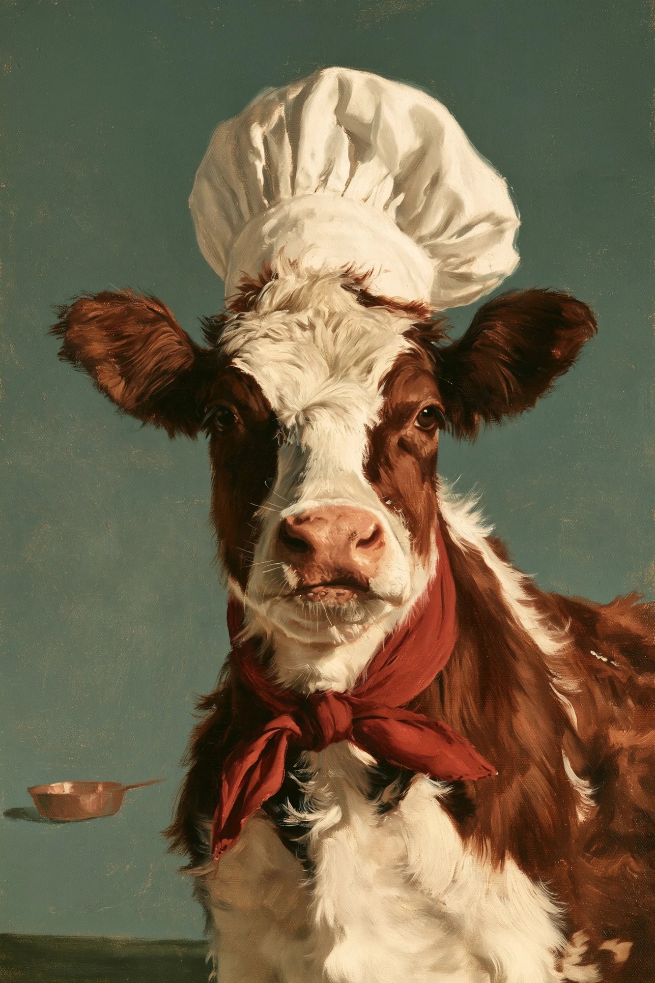 Tableau Vache Chef de Cuisine, vache brune coiffée d’une toque blanche et d’un foulard rouge, format S - Art Virtuoso
