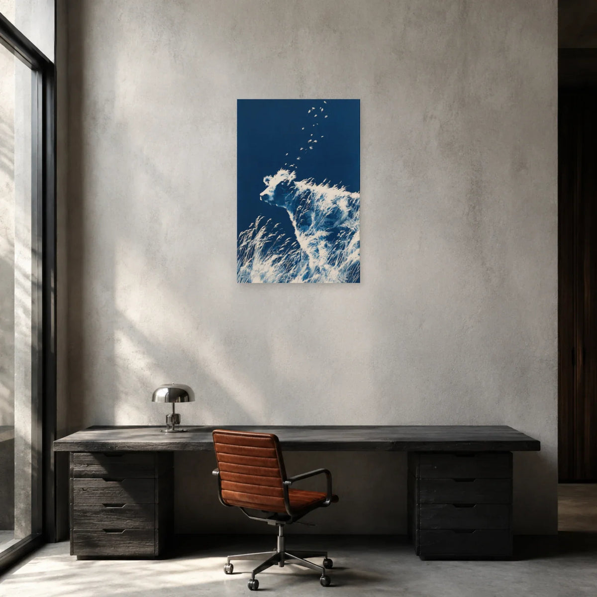 Tableau Vache Cyanotype présenté dans un bureau - Art Virtuoso