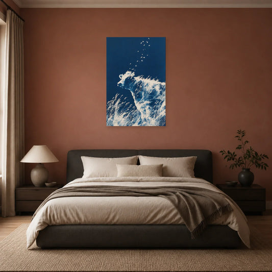 Tableau Vache Cyanotype présenté dans une chambre - Art Virtuoso