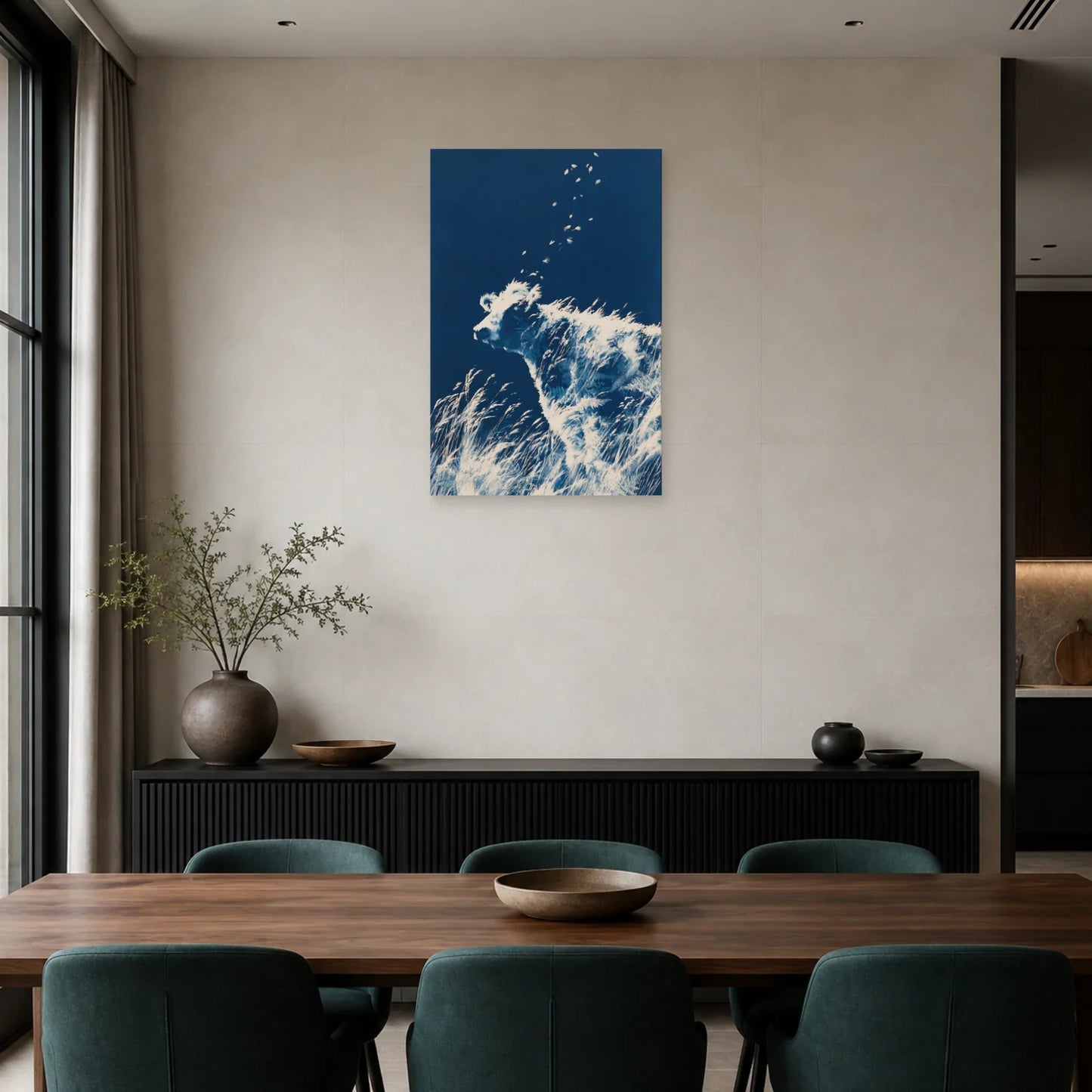 Tableau Vache Cyanotype présenté dans une salle à manger - Art Virtuoso