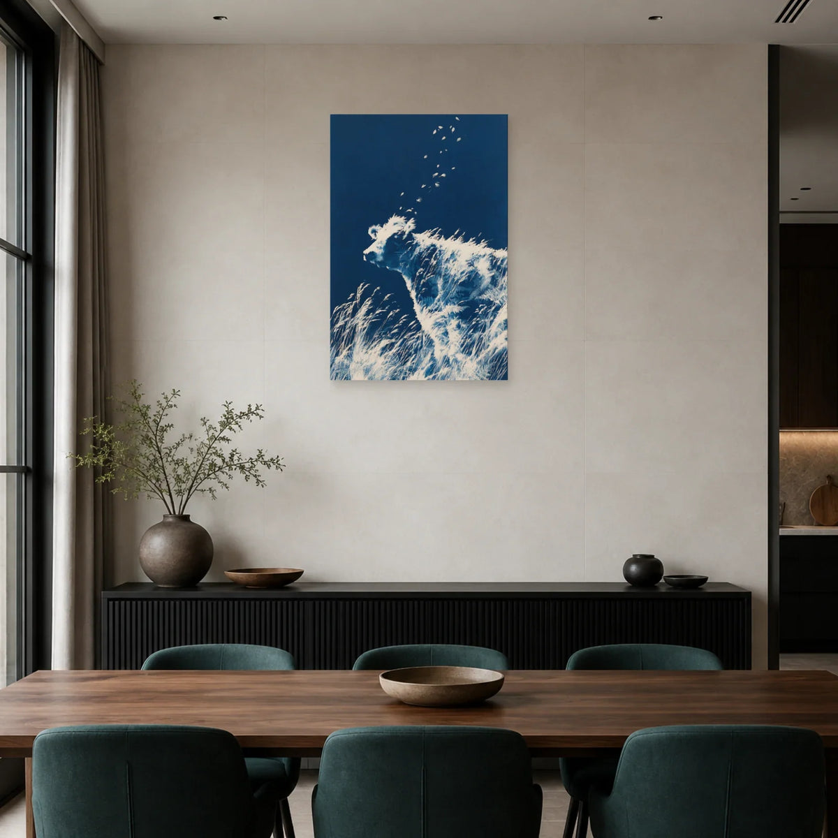 Tableau Vache Cyanotype présenté dans une salle à manger - Art Virtuoso