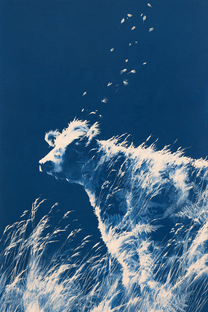 Tableau Vache Cyanotype, silhouette de vache composée de fougères et de graminees blanches, format XL - Art Virtuoso