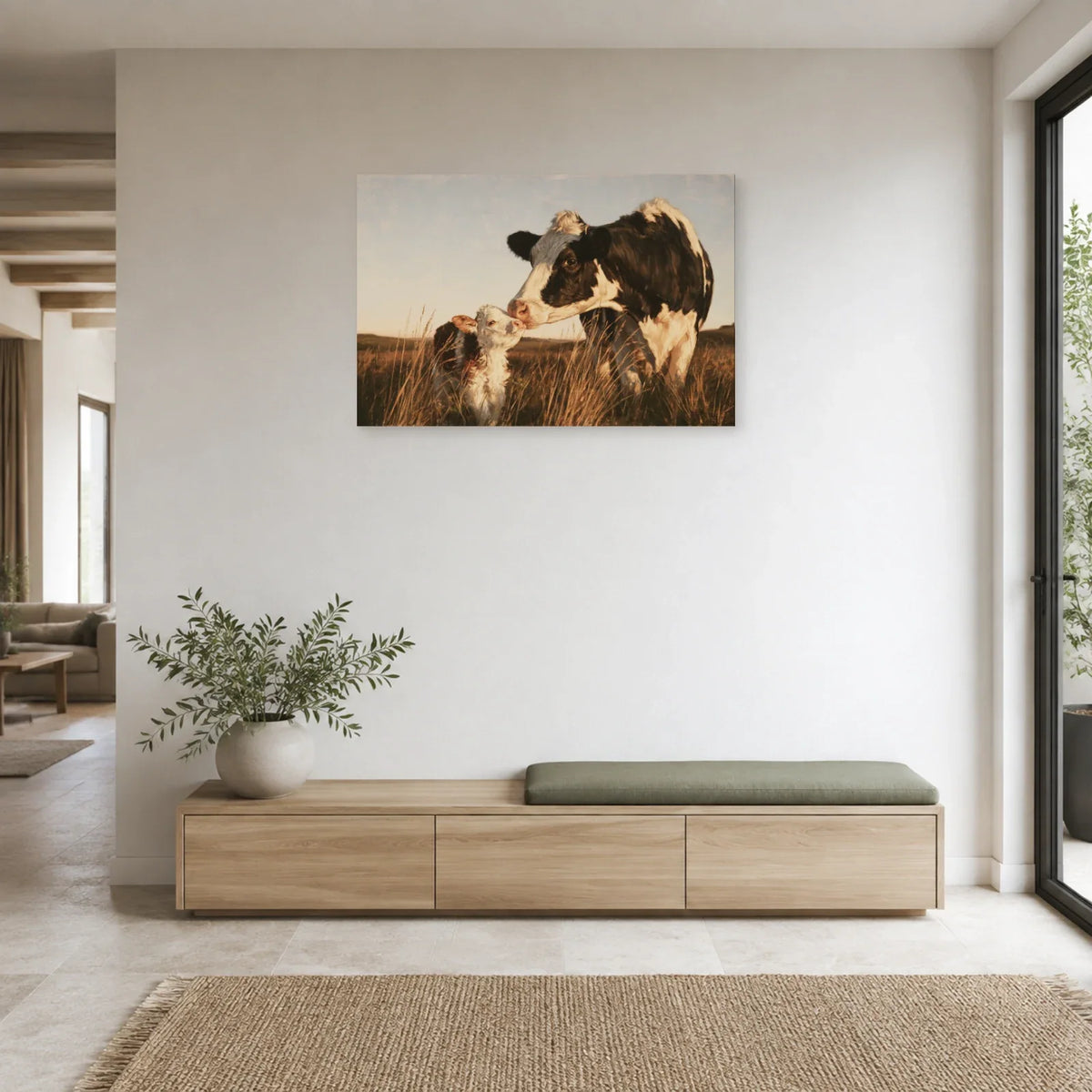 Tableau Vache et Veau présenté dans une entrée - Art Virtuoso