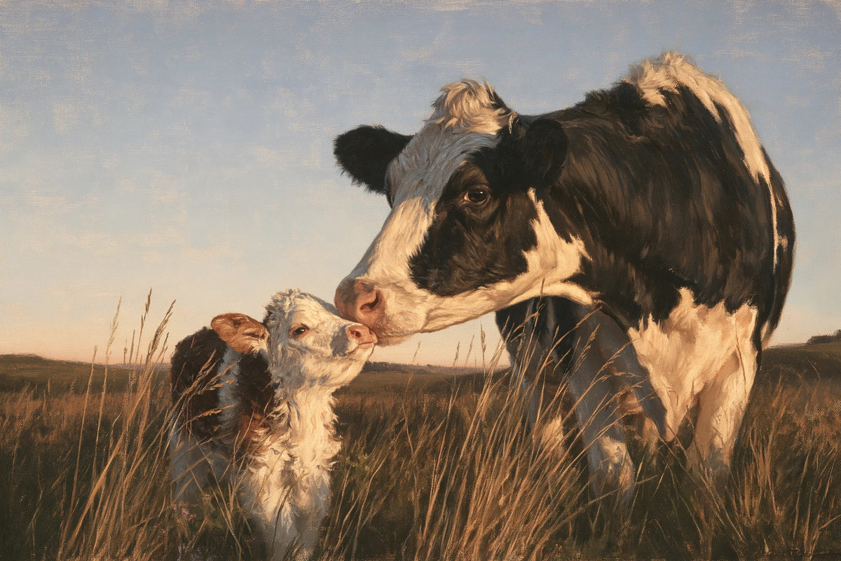 Tableau Vache et Veau, mère et son veau réunis dans les hautes herbes d’un matin doré, format S - Art Virtuoso