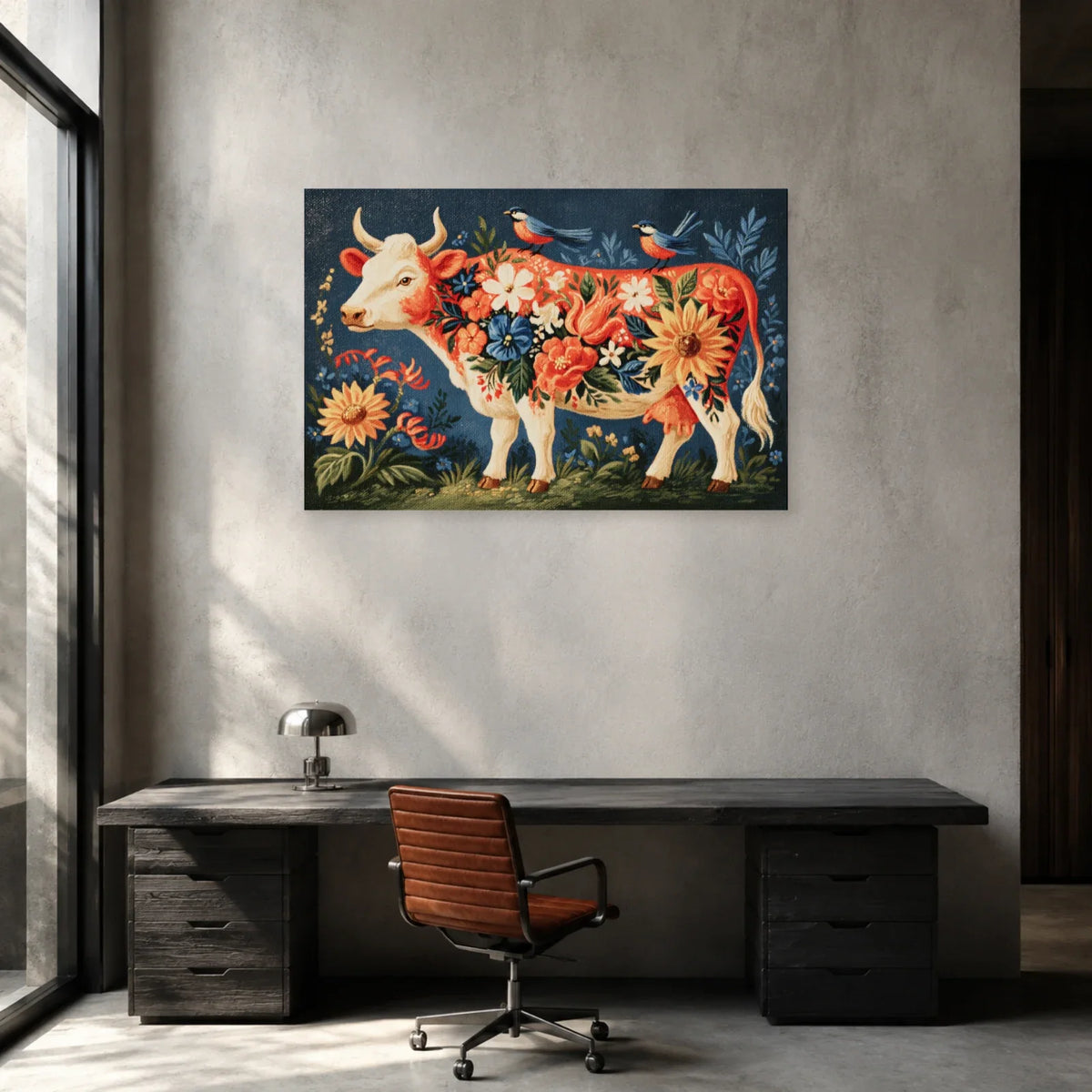 Tableau Vache Folk Art présenté dans un bureau - Art Virtuoso