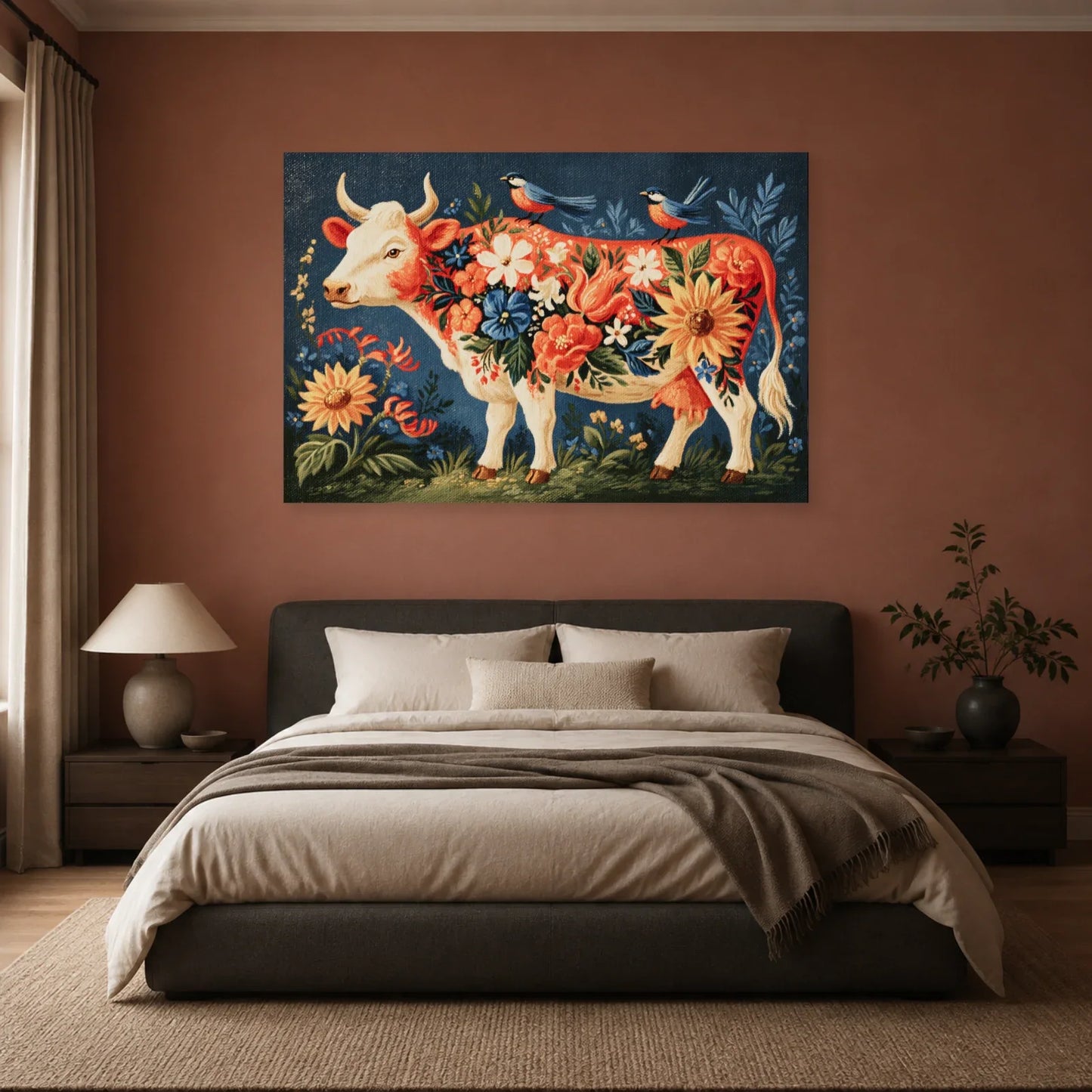 Tableau Vache Folk Art présenté dans une chambre - Art Virtuoso