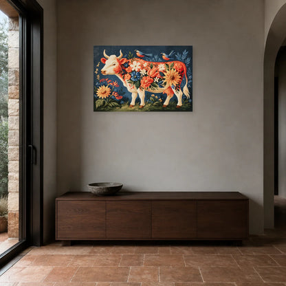 Tableau Vache Folk Art présenté dans une entrée - Art Virtuoso