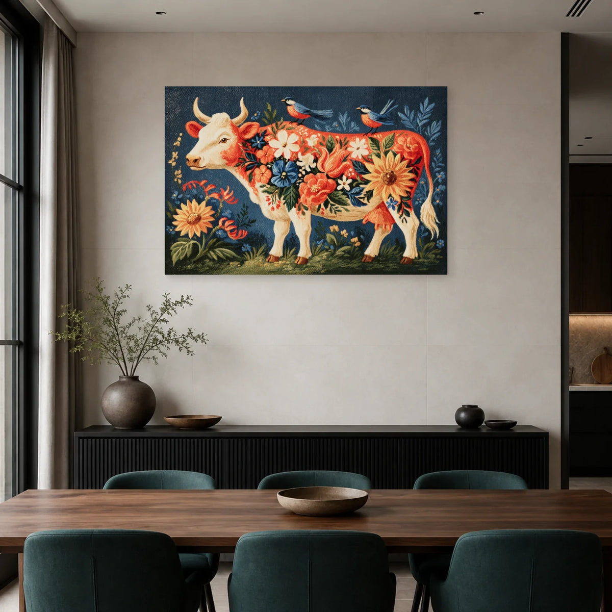 Tableau Vache Folk Art présenté dans une salle à manger - Art Virtuoso