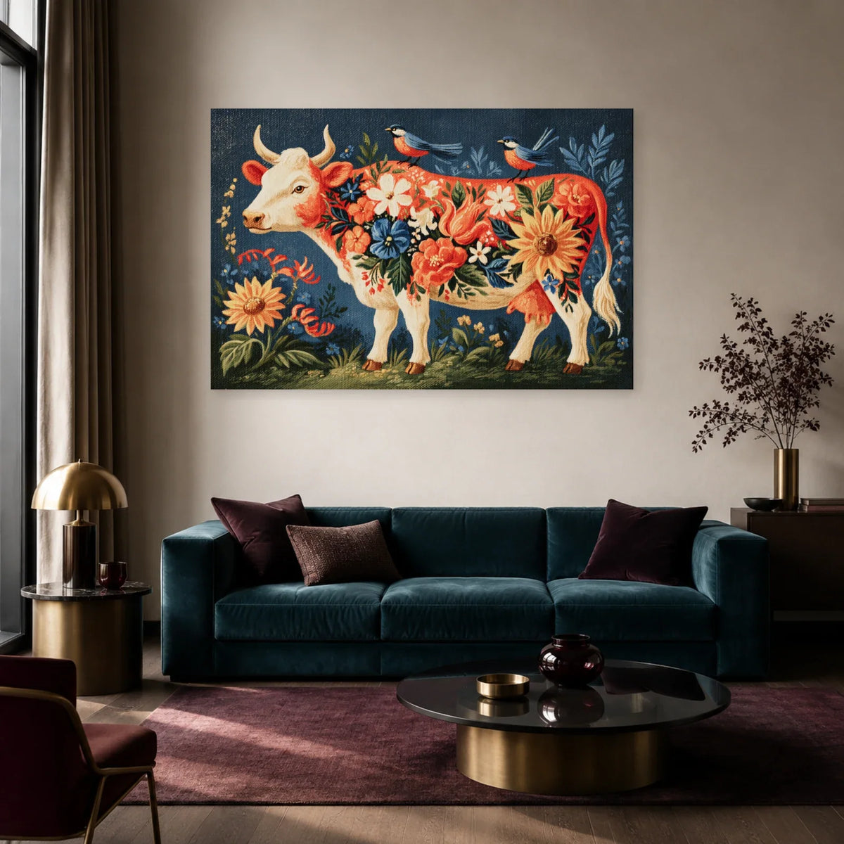 Tableau Vache Folk Art présenté dans un salon - Art Virtuoso