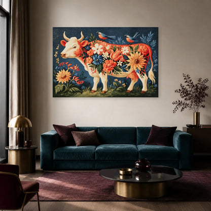 Tableau Vache Folk Art présenté dans un salon - Art Virtuoso