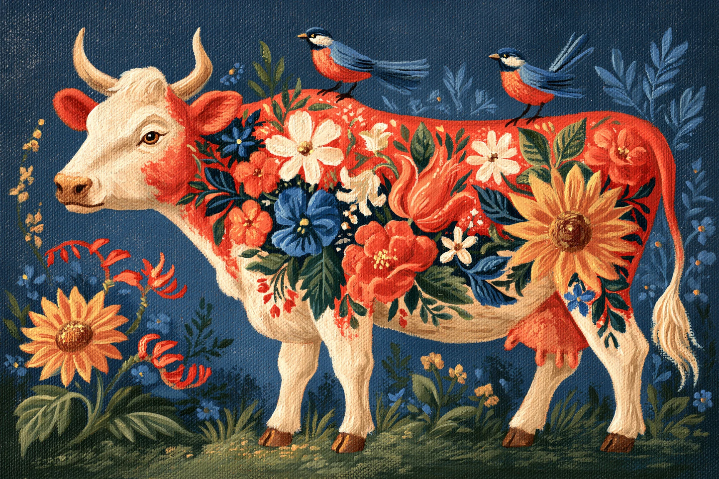 Tableau Vache Folk Art, vache ornementale entourée d’oiseaux et de grandes fleurs populaires, format S - Art Virtuoso
