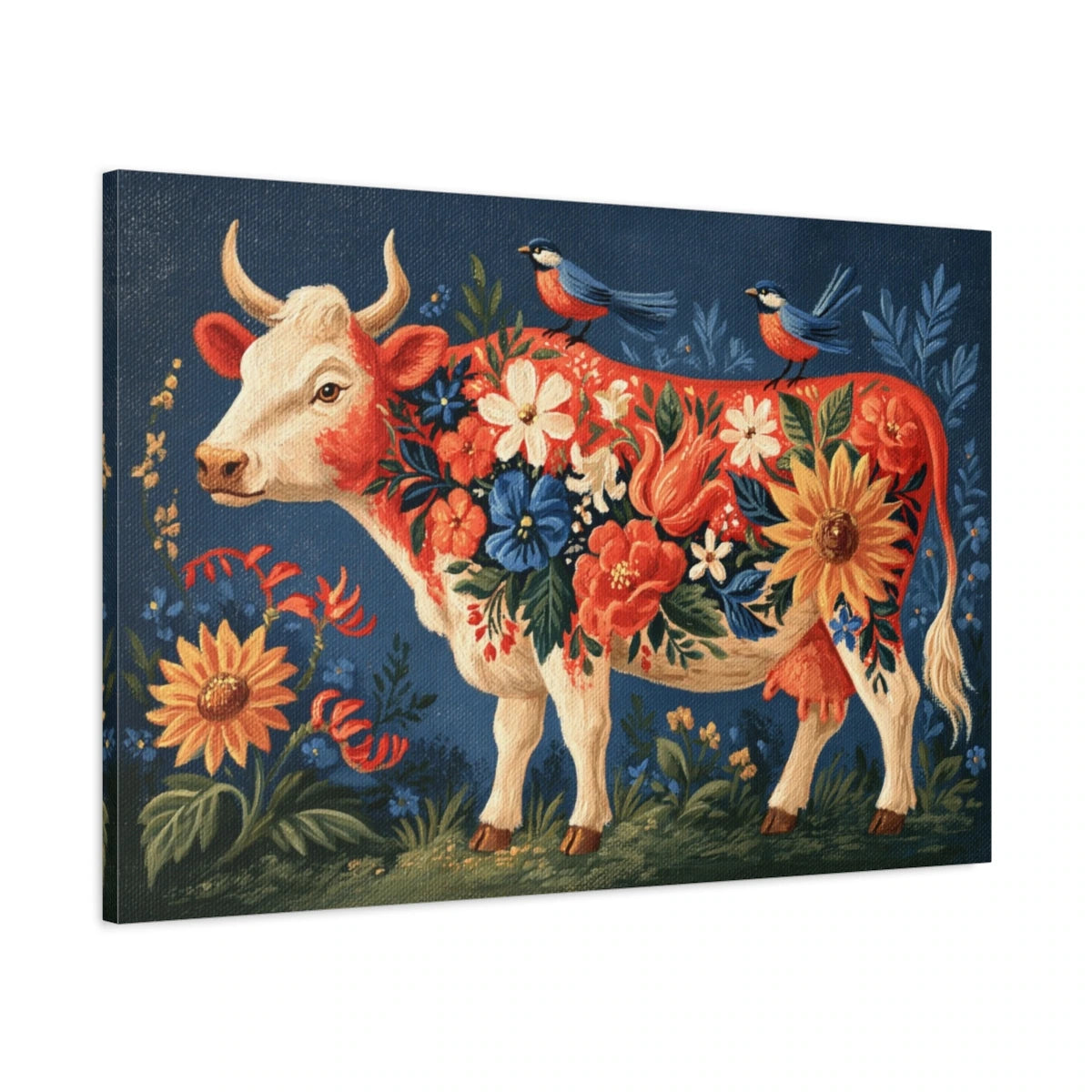 Tableau Vache Folk Art, vue latérale de la toile avec bords imprimés - Art Virtuoso