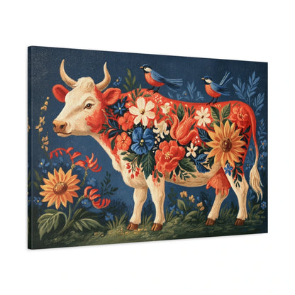 Tableau Vache Folk Art, vue latérale de la toile avec bords imprimés - Art Virtuoso