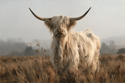 Tableau Vache Highland Beige, Highland beige clair dans un champ dissous par la brume, format M - Art Virtuoso