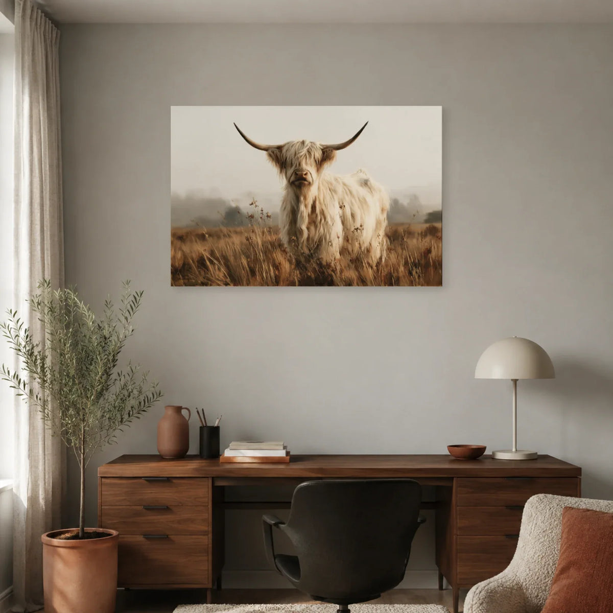 Tableau Vache Highland Beige présenté dans un bureau - Art Virtuoso