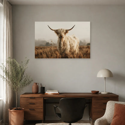 Tableau Vache Highland Beige présenté dans un bureau - Art Virtuoso