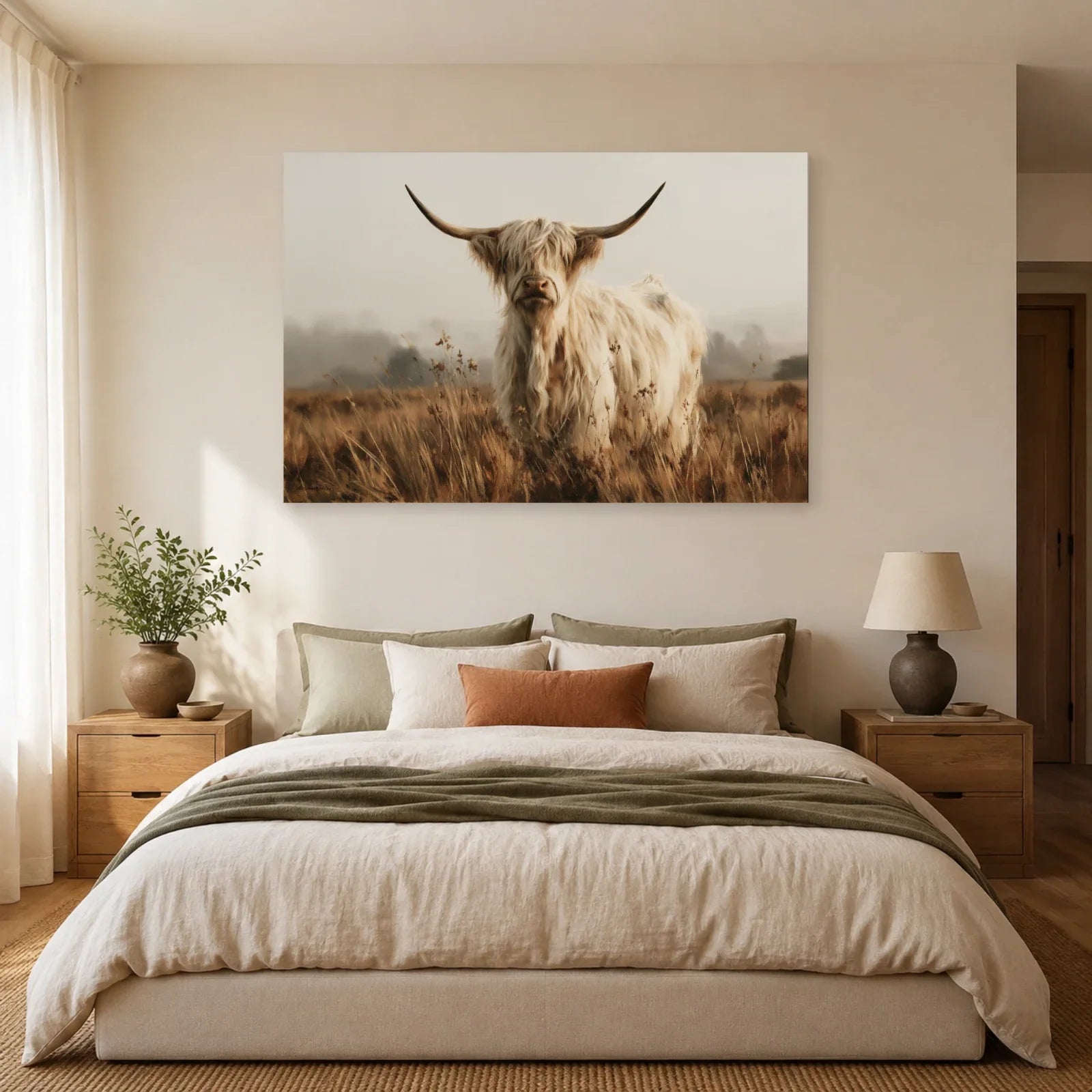 Tableau Vache Highland Beige présenté dans une chambre - Art Virtuoso