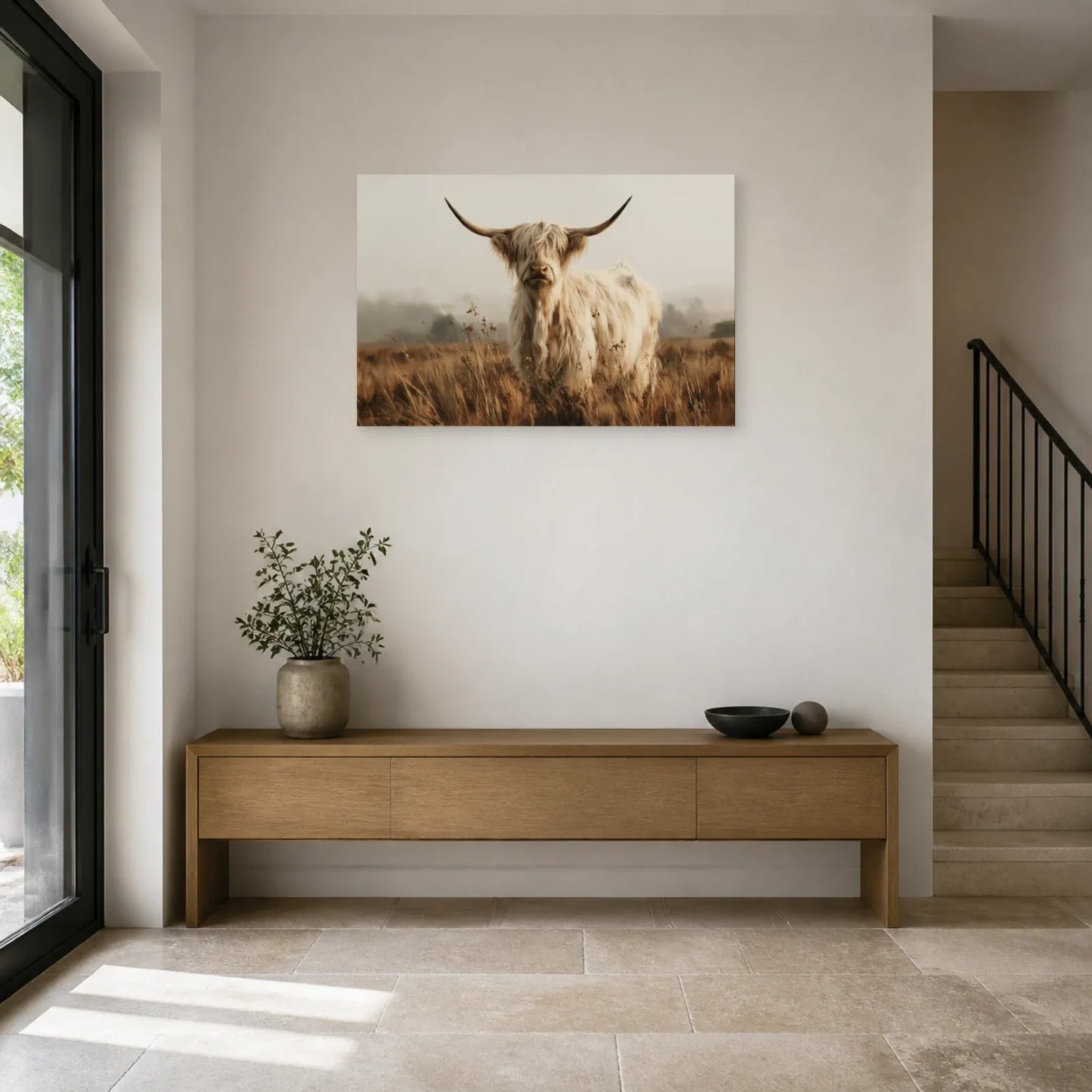 Tableau Vache Highland Beige présenté dans une entrée - Art Virtuoso
