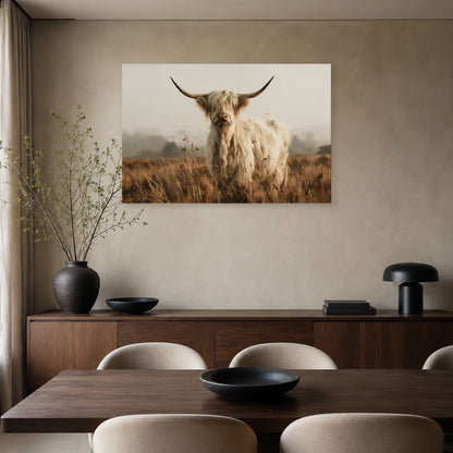 Tableau Vache Highland Beige présenté dans une salle à manger - Art Virtuoso