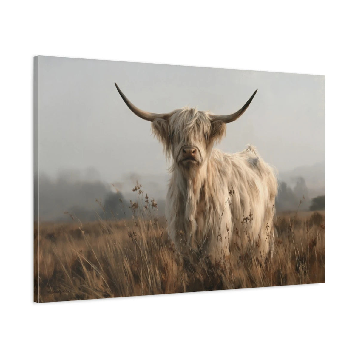 Tableau Vache Highland Beige, vue latérale de la toile avec bords imprimés - Art Virtuoso