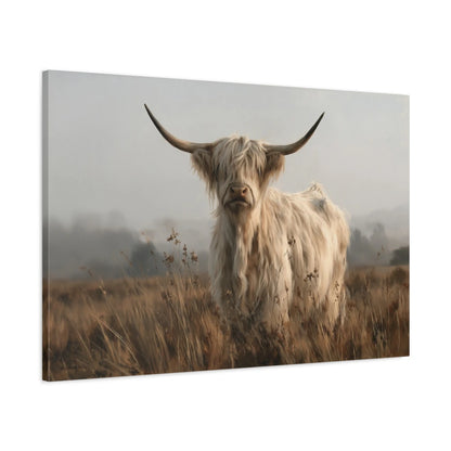Tableau Vache Highland Beige, vue latérale de la toile avec bords imprimés - Art Virtuoso