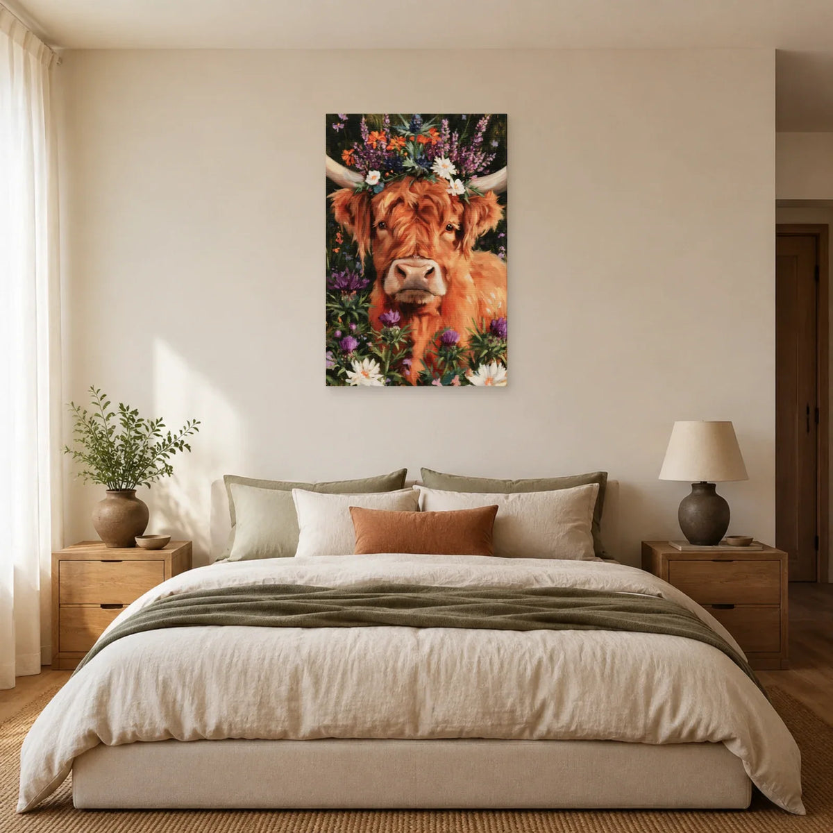 Tableau Vache Highland aux Fleurs présenté dans une chambre - Art Virtuoso
