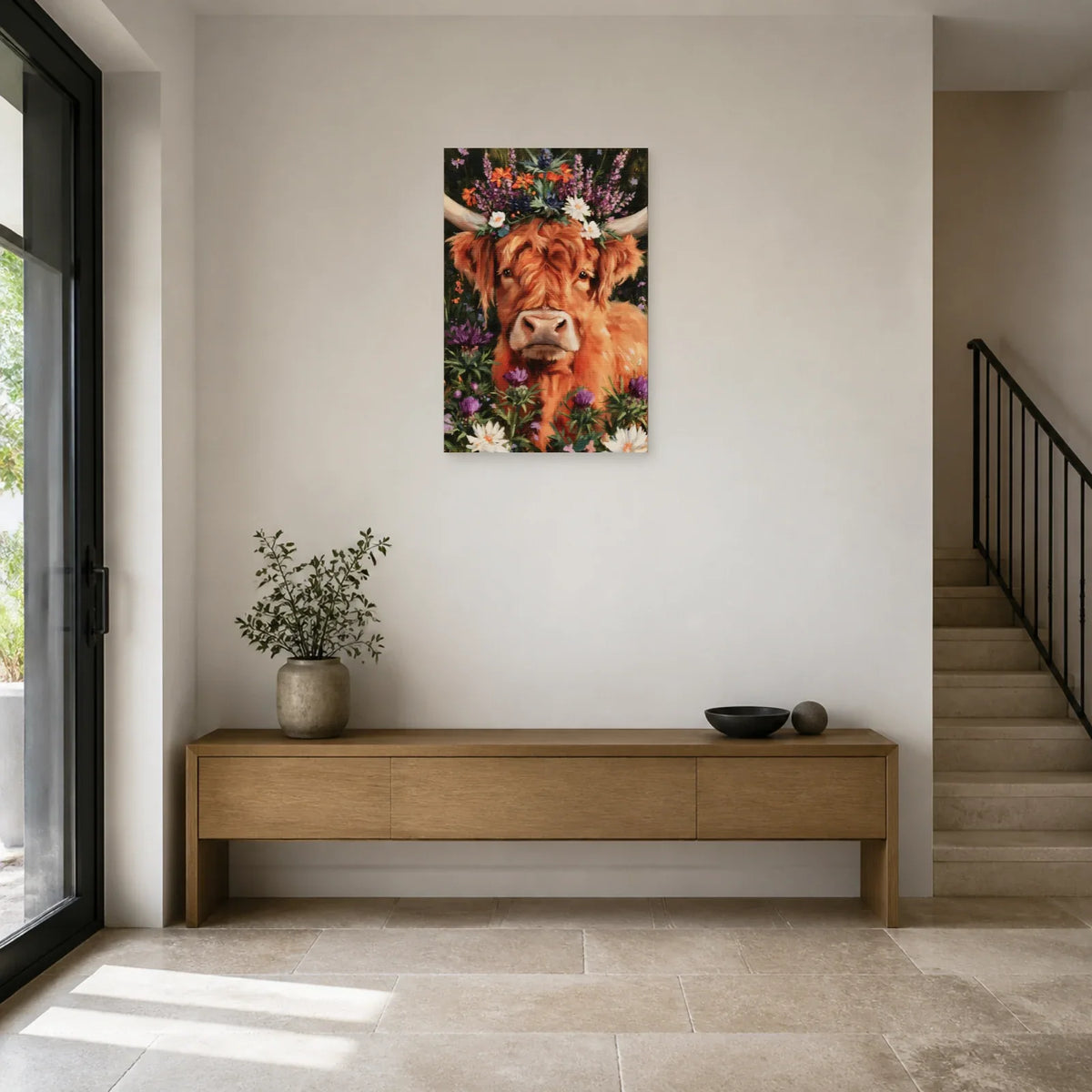 Tableau Vache Highland aux Fleurs présenté dans une entrée - Art Virtuoso