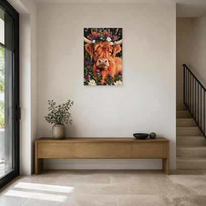 Tableau Vache Highland aux Fleurs présenté dans une entrée - Art Virtuoso