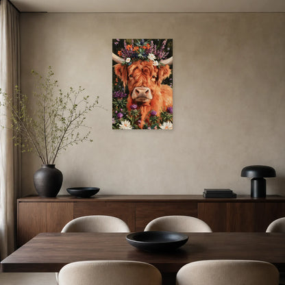 Tableau Vache Highland aux Fleurs présenté dans une salle à manger - Art Virtuoso
