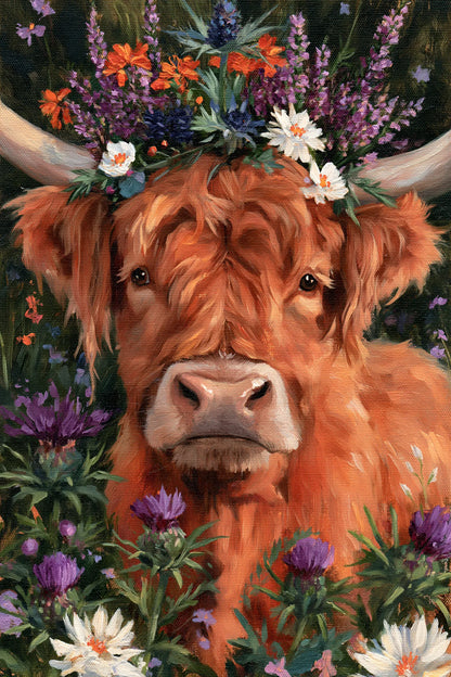 Tableau Vache Highland aux Fleurs, portrait frontal de Highland couronné de bruyère et de chardons, format S - Art Virtuoso