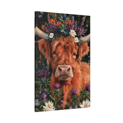 Tableau Vache Highland aux Fleurs, vue latérale de la toile avec bords imprimés - Art Virtuoso