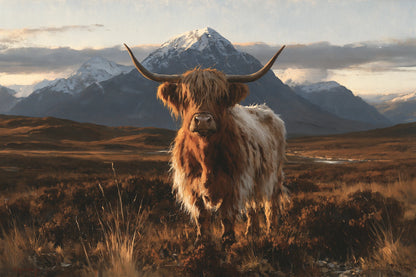 Tableau Vache Highland, Highland rousse, seule sur une lande écossaise balayée par une lumière froide, format L - Art Virtuoso