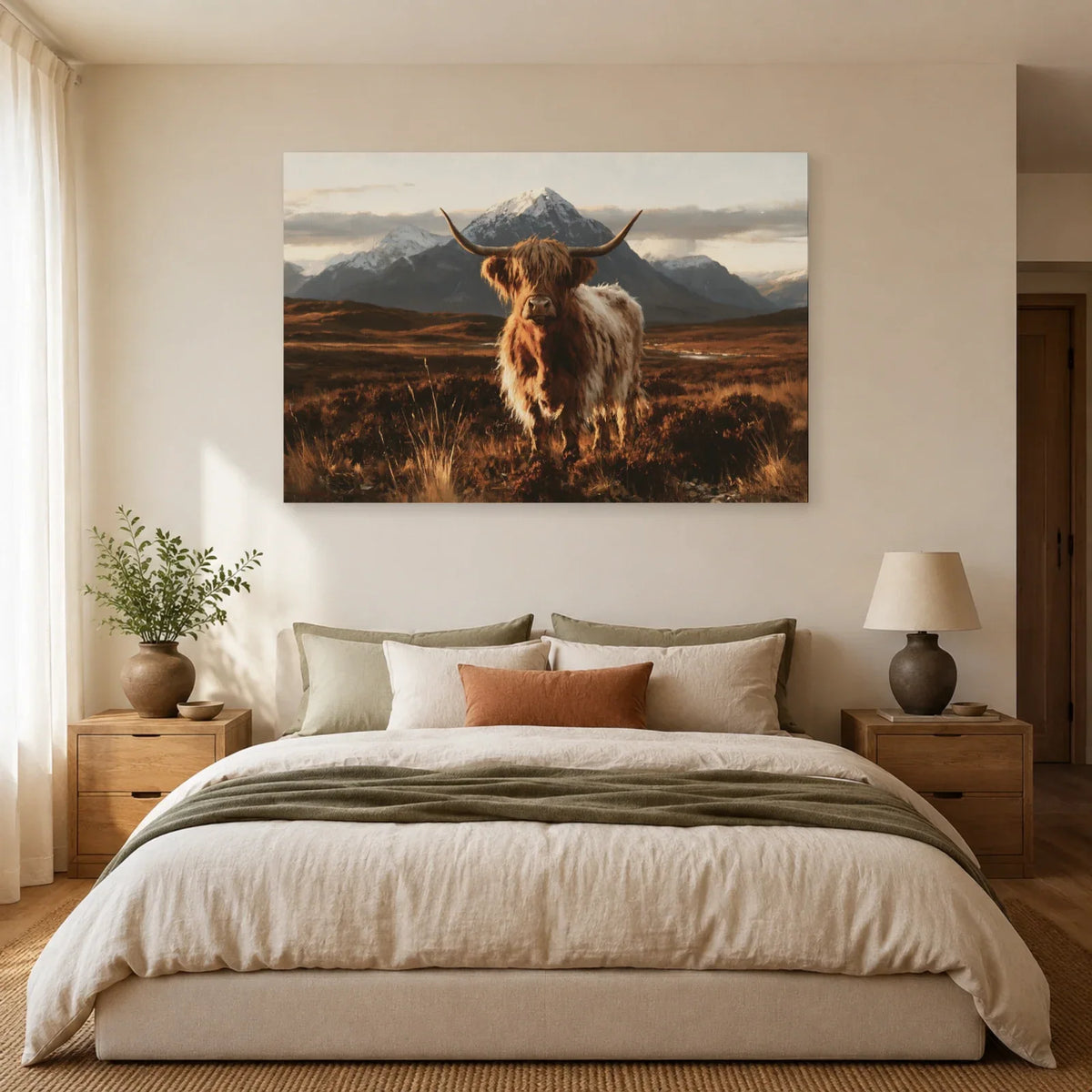 Tableau Vache Highland présenté dans une chambre - Art Virtuoso