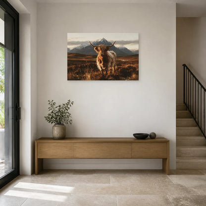 Tableau Vache Highland présenté dans une entrée - Art Virtuoso