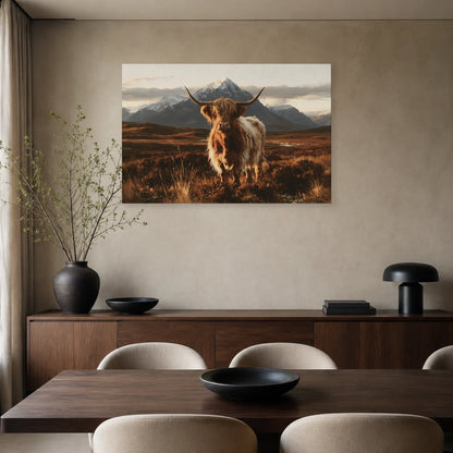 Tableau Vache Highland présenté dans une salle à manger - Art Virtuoso